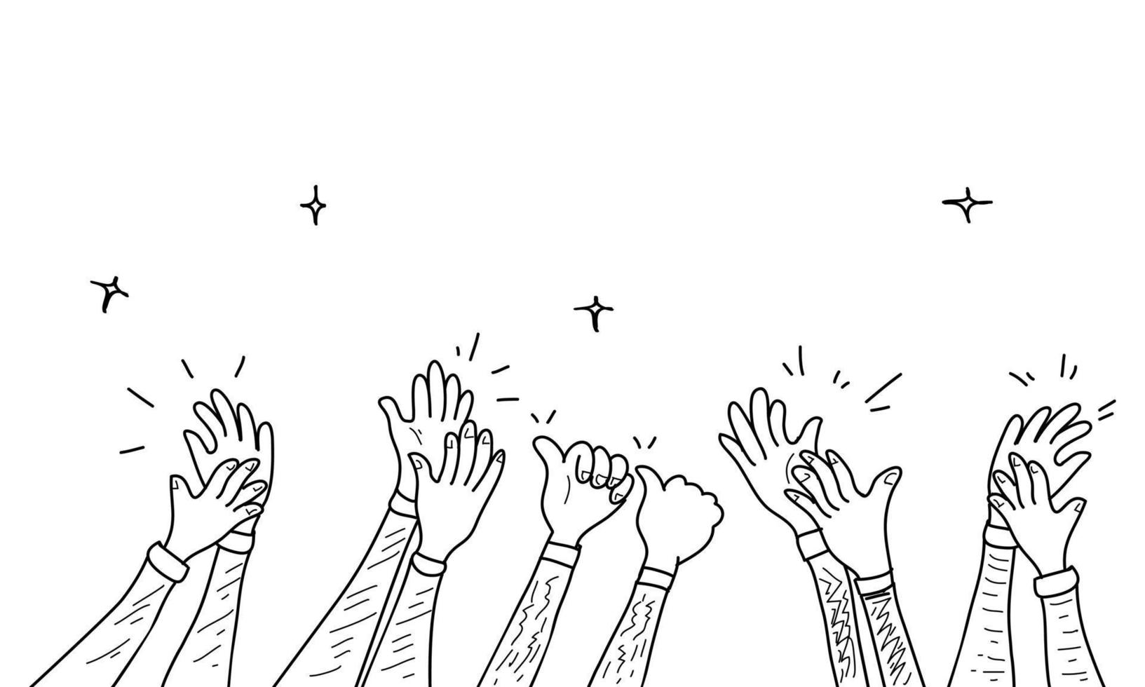 mão desenhada de mãos batendo palmas ovação. aplausos, polegares para cima gesto no estilo doodle, ilustração vetorial vetor
