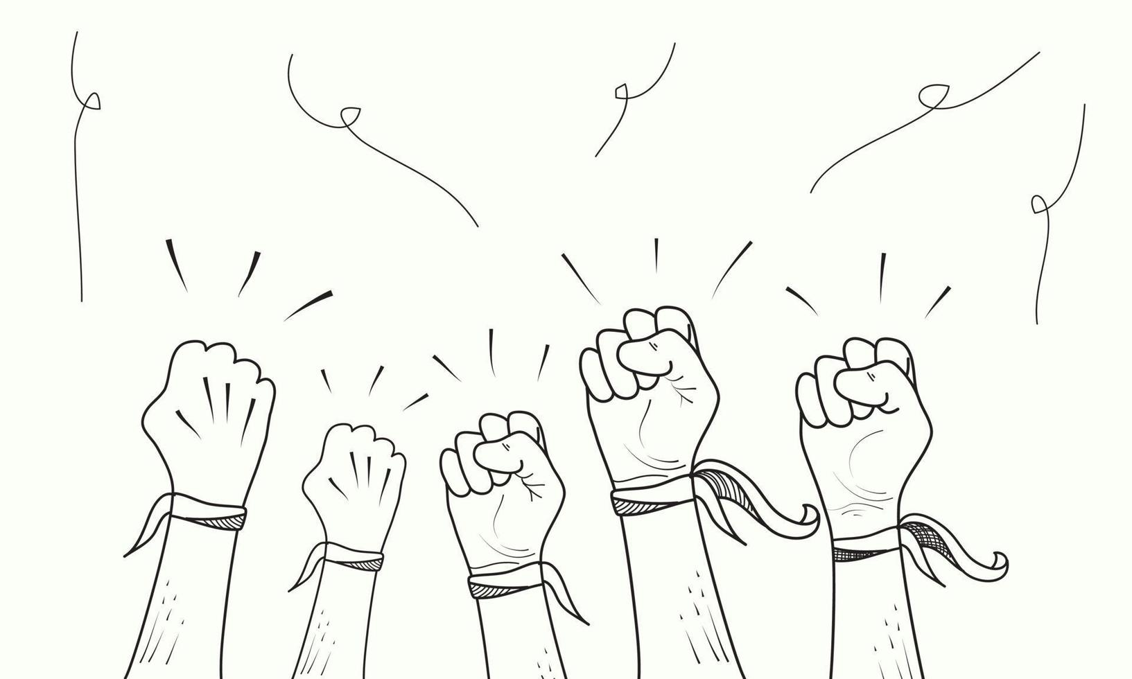mão desenhada de doodle mãos para cima. mão do punho, símbolo de protesto, sinal de poder. isolado no fundo branco. ilustração vetorial vetor