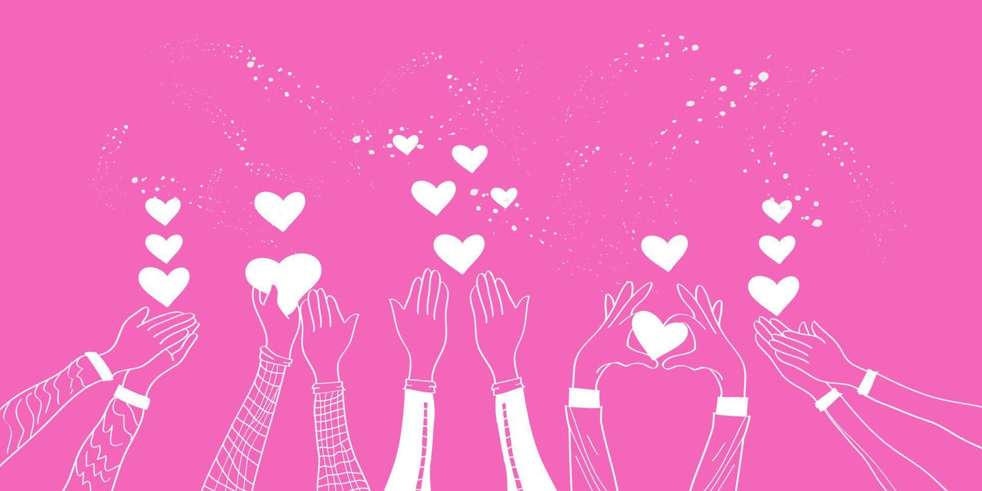 doodle mãos para cima, mãos batendo palmas com amor. gestos de aplausos. dar e compartilhar seu amor para as pessoas. ilustração vetorial vetor