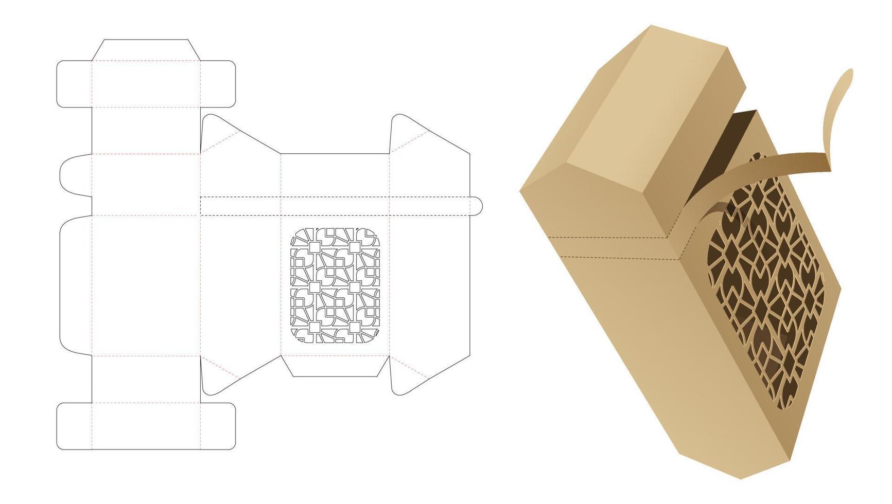 caixa de zíper em ângulo superior e inferior com modelo de corte e vinco de padrão estampado e maquete 3d vetor