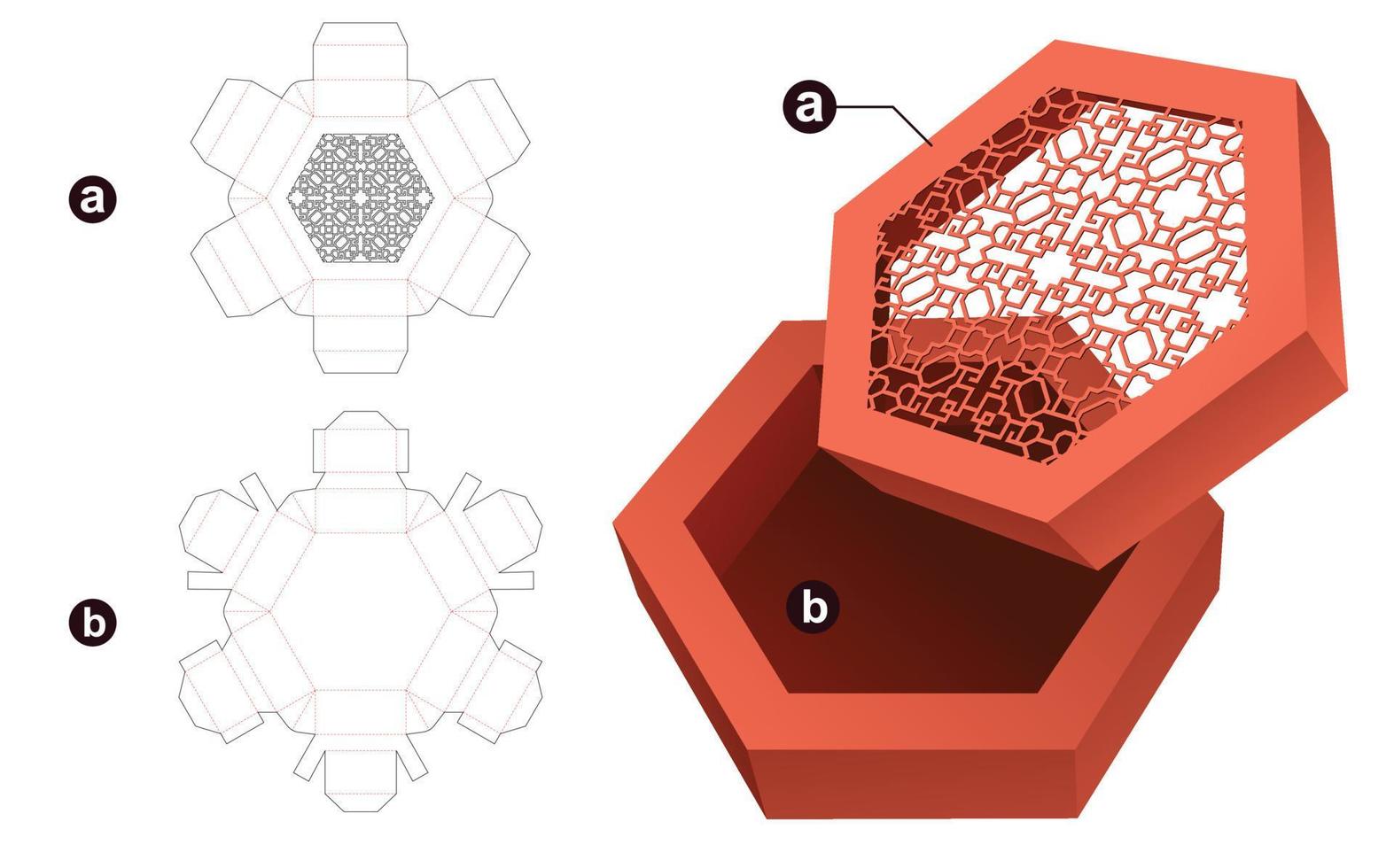 caixa hexagonal com modelo de corte de tampa estampada e maquete 3d vetor