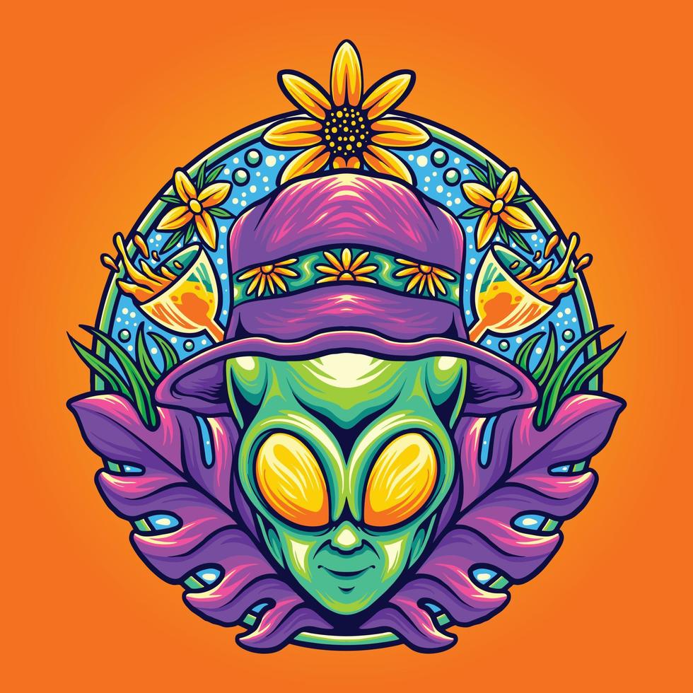 ilustrações vetoriais de férias de verão de cabeça alienígena funky para seu logotipo de trabalho, t-shirt de mercadoria de mascote, adesivos e designs de etiquetas, pôster, cartões de saudação, empresa ou marcas de publicidade. vetor