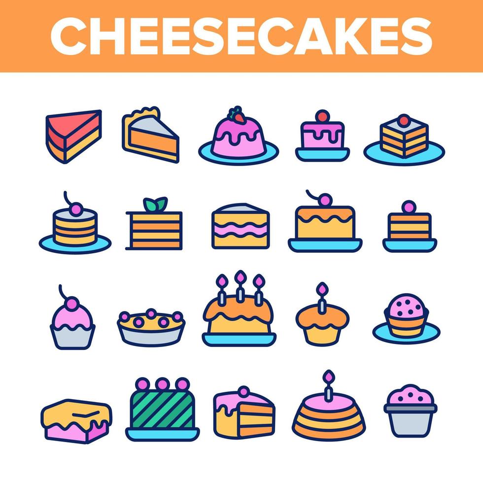 bolos de queijo doces, conjunto de ícones vetoriais lineares de padaria vetor