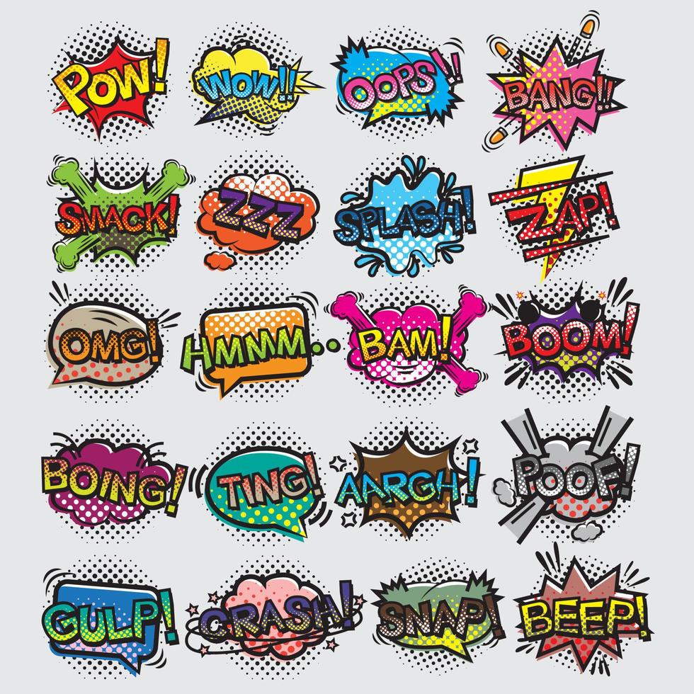conjunto de bolhas de fala em quadrinhos, design de conjunto de efeitos sonoros de redação em quadrinhos para fundo em quadrinhos, história em quadrinhos vetor
