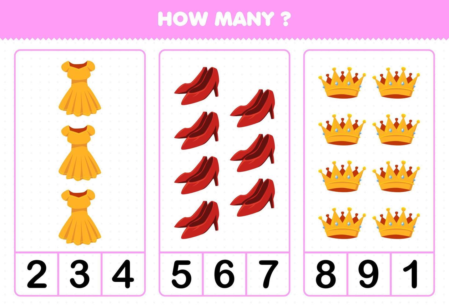 jogo de educação para crianças contando quantas roupas de desenho animado vestem a coroa do calcanhar vetor