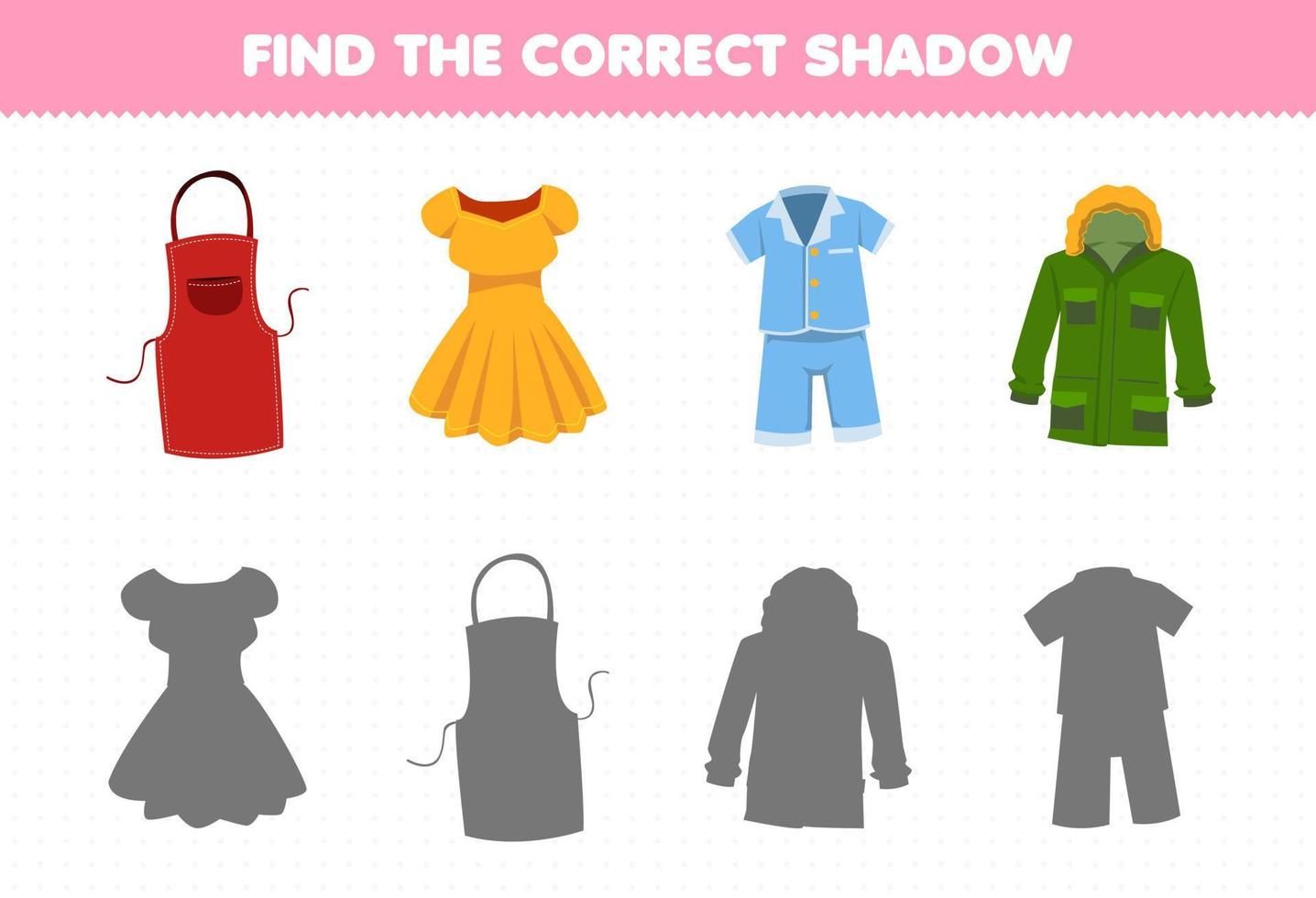 jogo de educação para crianças, encontre o conjunto de sombra correto de roupas usáveis de desenho, avental, vestido, pijama, parca vetor