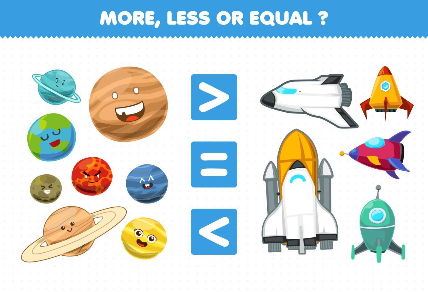 jogo de educação para crianças mais menos ou igual conte a quantidade de planeta e foguete do sistema solar bonito dos desenhos animados vetor