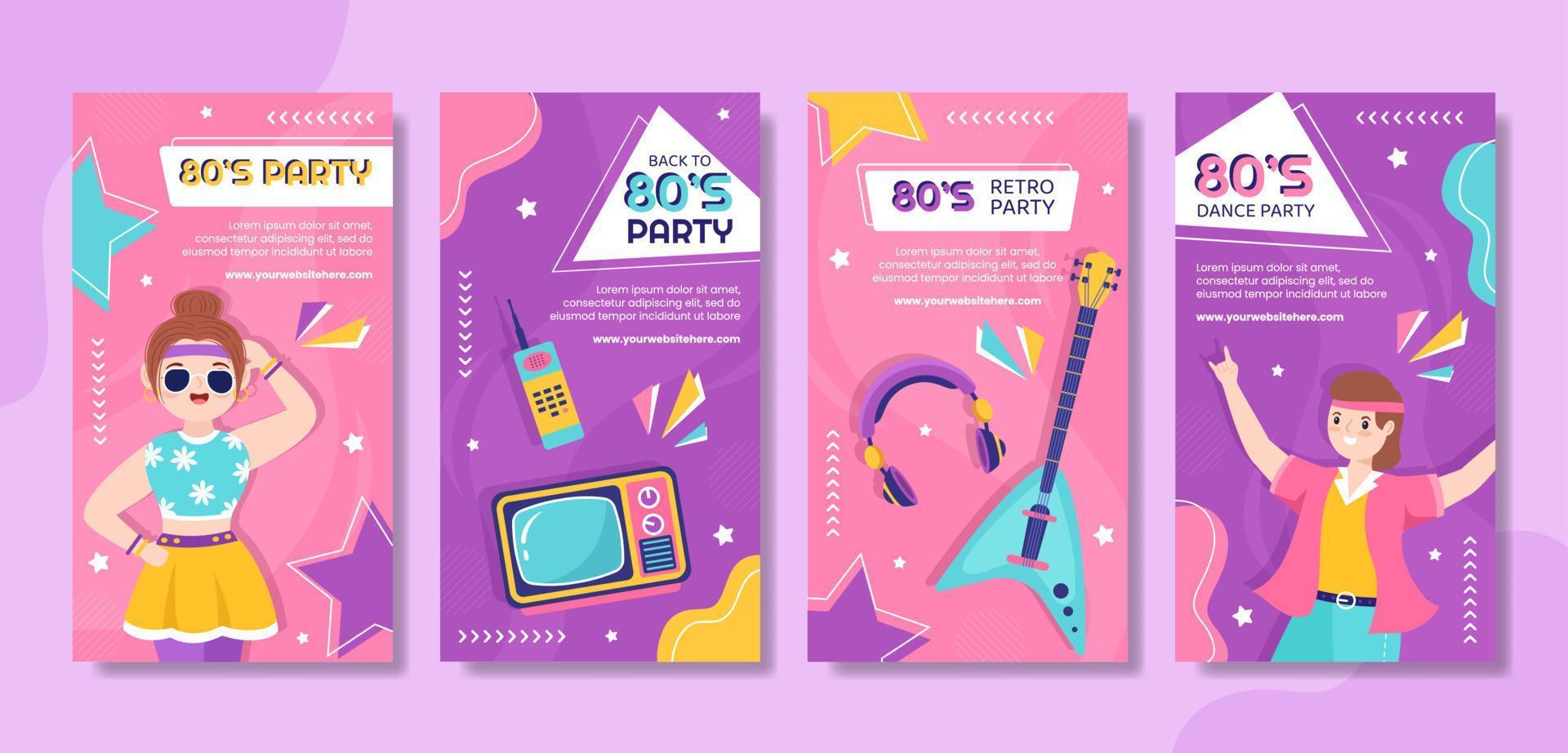 Modelo de histórias de mídia social de festa dos anos 80 ilustração vetorial de fundo de desenho animado plano vetor