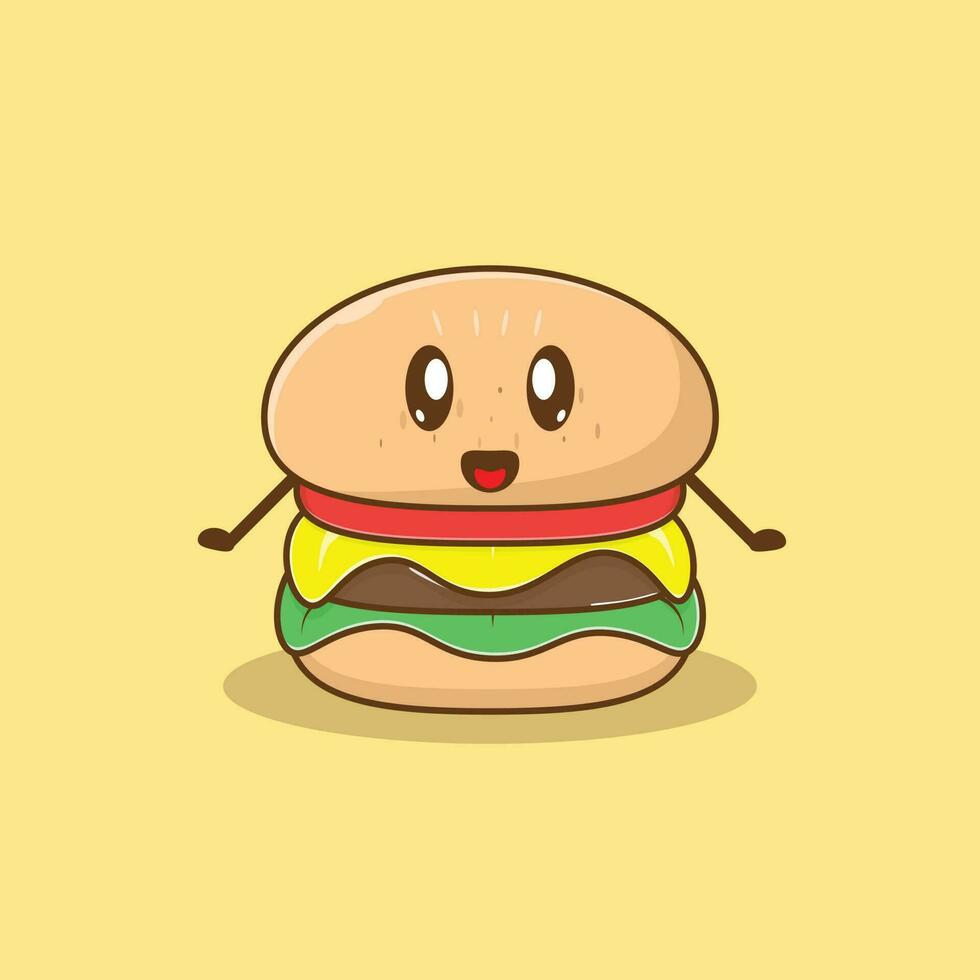 desenho de ícone de vetor de hambúrguer com cara engraçada adorável. conceito de personagem de comida. design premium simples