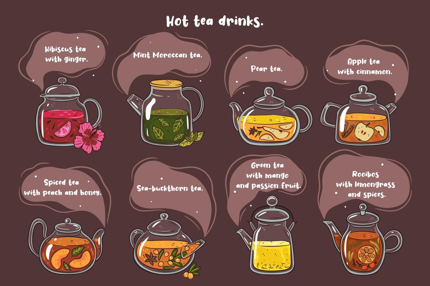 conjunto de diferentes tipos de bebidas de chá quente em bules de vidro. gráficos vetoriais. vetor