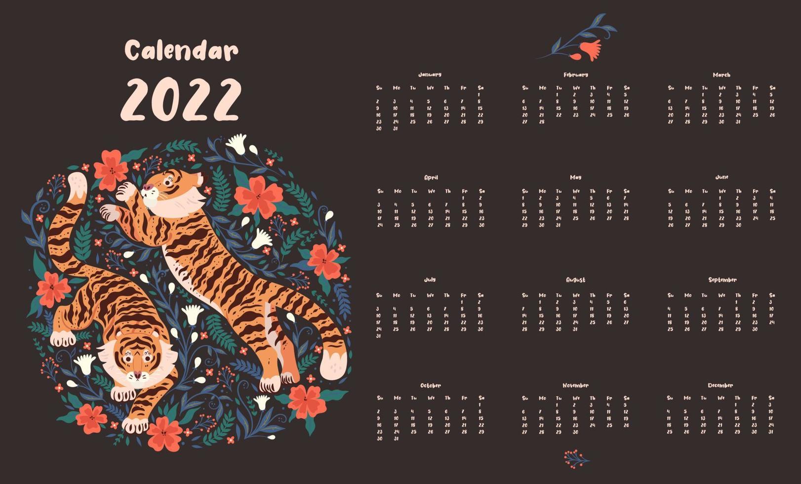 calendário 2022 com tigres fofos e flores. gráficos vetoriais. vetor