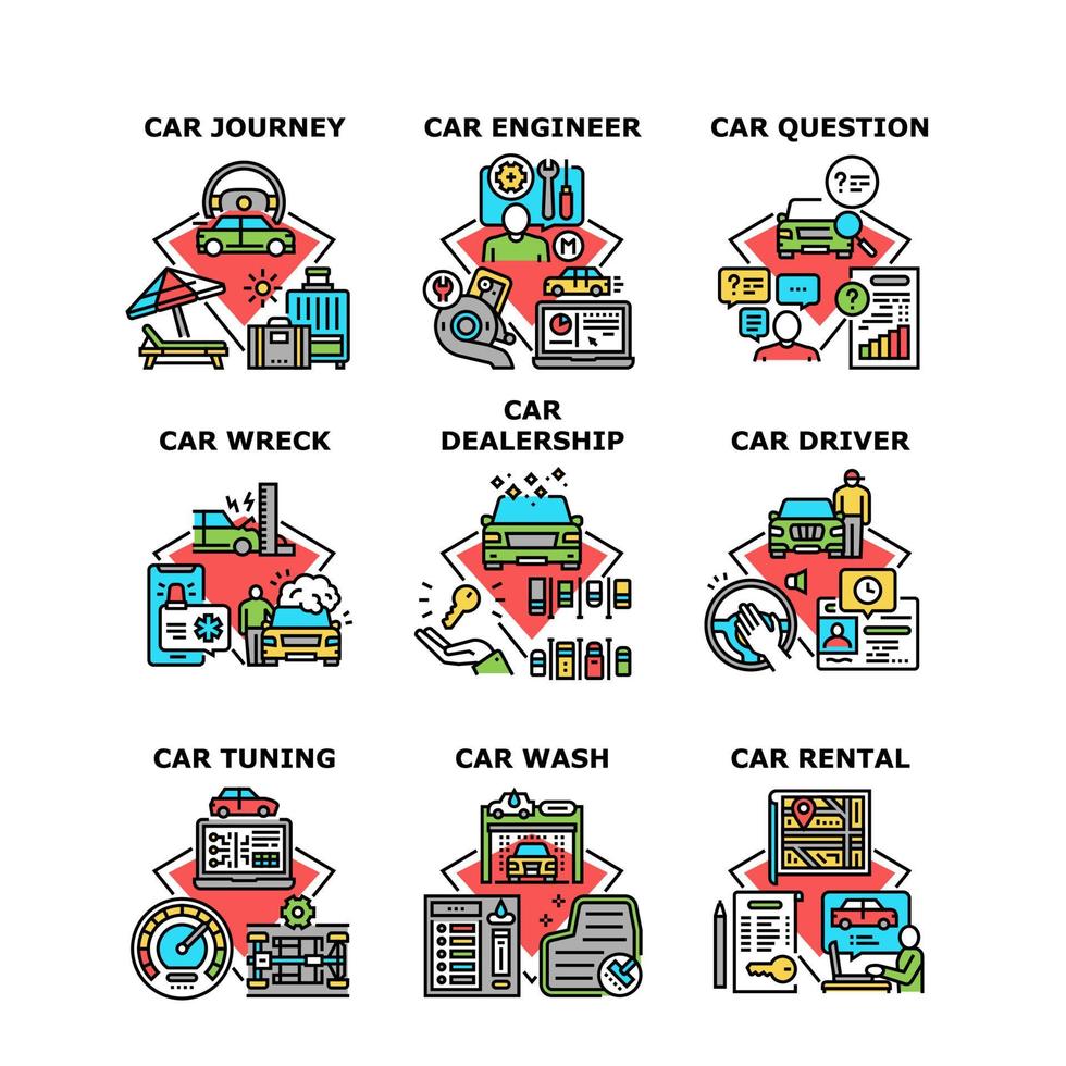 concessionária de carros definir ilustrações vetoriais de ícones vetor