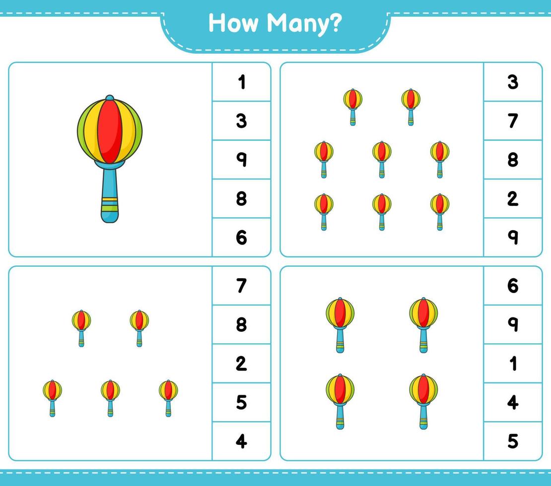 jogo de contagem, quantos chocalho do bebê. jogo educativo para crianças, planilha para impressão, ilustração vetorial vetor