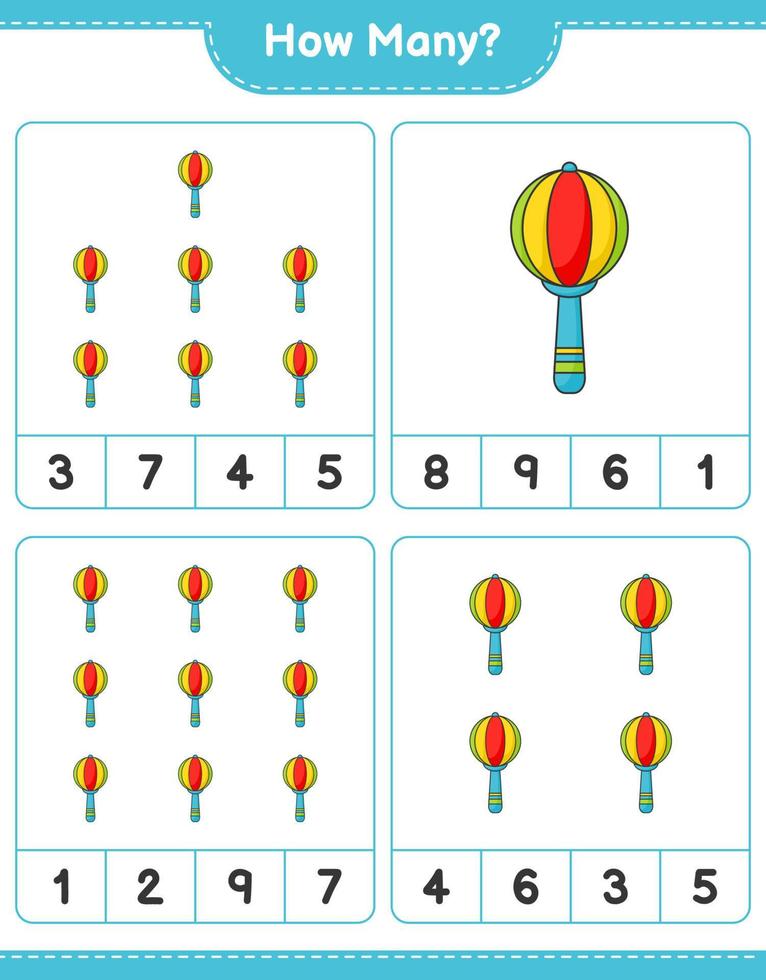 jogo de contagem, quantos chocalho do bebê. jogo educativo para crianças, planilha para impressão, ilustração vetorial vetor