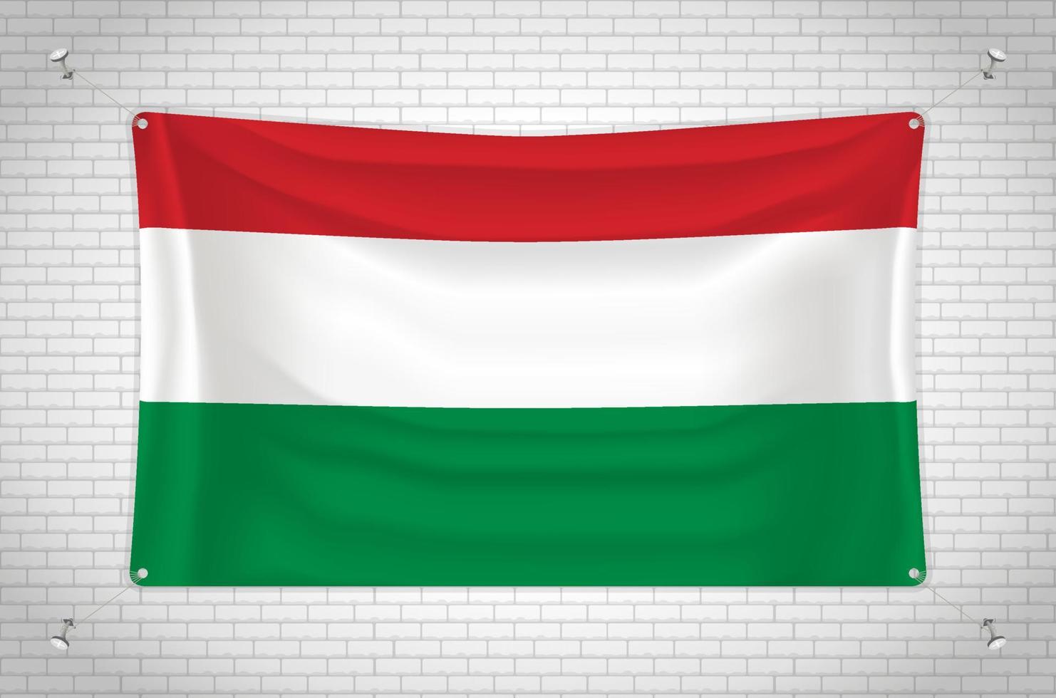 bandeira da Hungria pendurada na parede de tijolos. desenho 3D. bandeira pendurada na parede. desenhando ordenadamente em grupos em camadas separadas para facilitar a edição. vetor