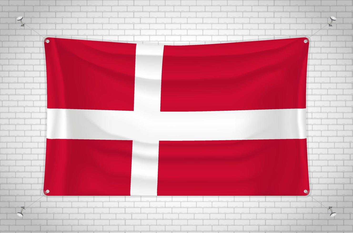 bandeira da Dinamarca pendurada na parede de tijolos. desenho 3D. bandeira pendurada na parede. desenhando ordenadamente em grupos em camadas separadas para facilitar a edição. vetor
