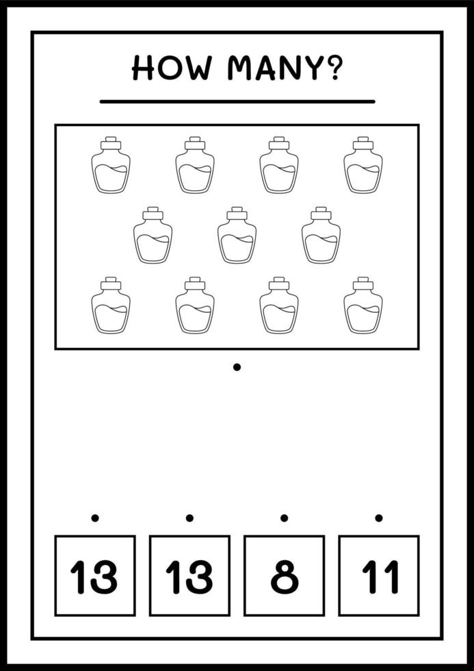 quantas garrafa de poção, jogo para crianças. ilustração vetorial, planilha para impressão vetor