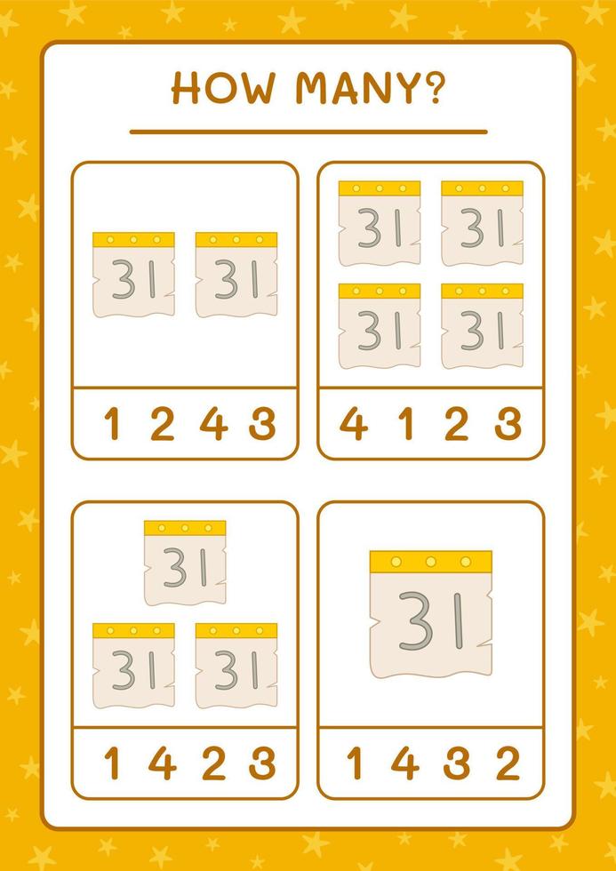 quantos calendário, jogo para crianças. ilustração vetorial, planilha para impressão vetor