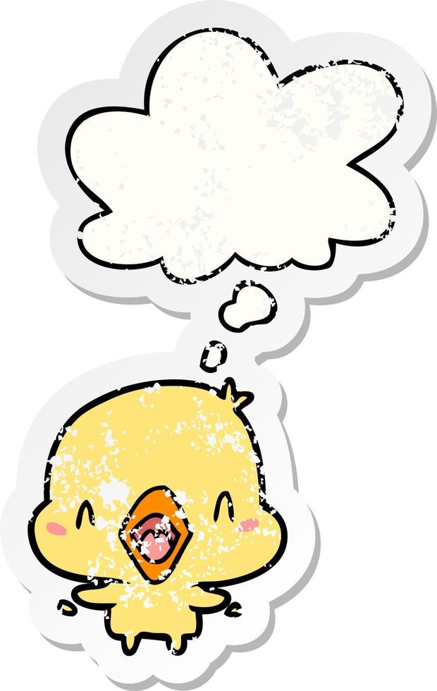 desenho animado pássaro feliz e balão de pensamento como um adesivo desgastado vetor
