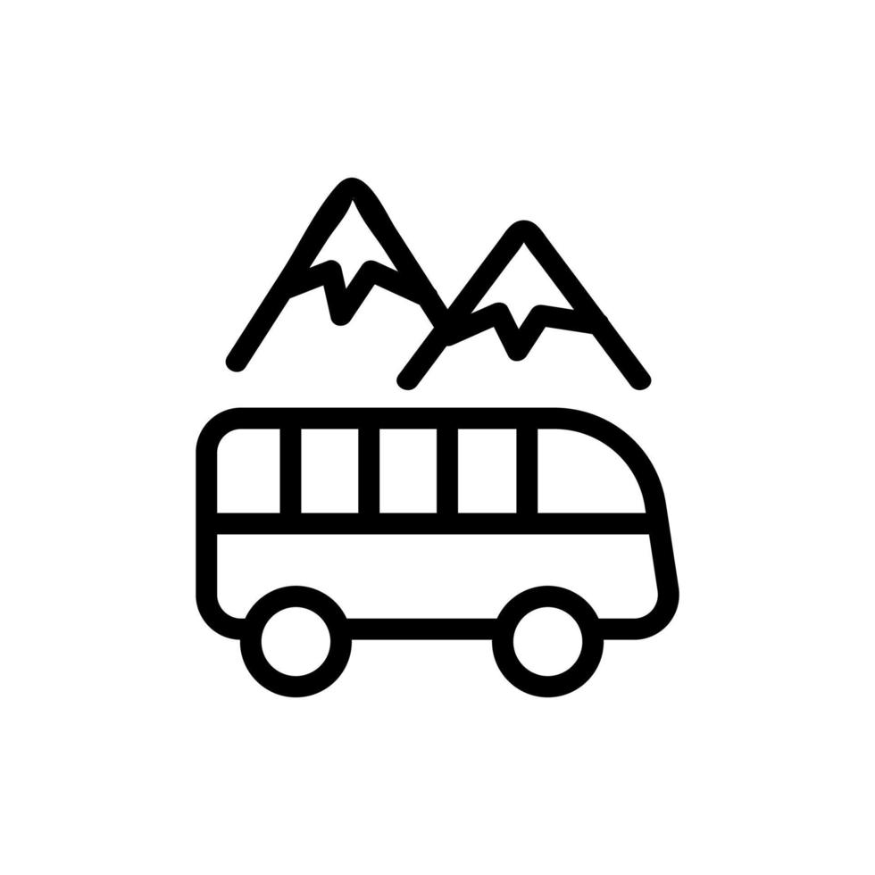 ônibus de turismo entre ilustração de contorno de vetor de ícone de montanhas
