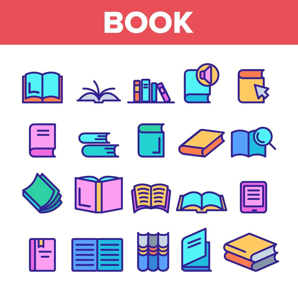 vetor de conjunto de ícones de sinal de livro de biblioteca de cores