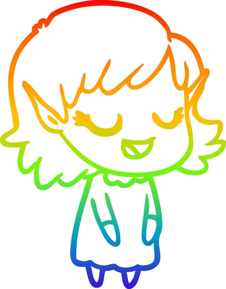 desenho de linha de gradiente de arco-íris feliz menina elfa de desenho animado vetor