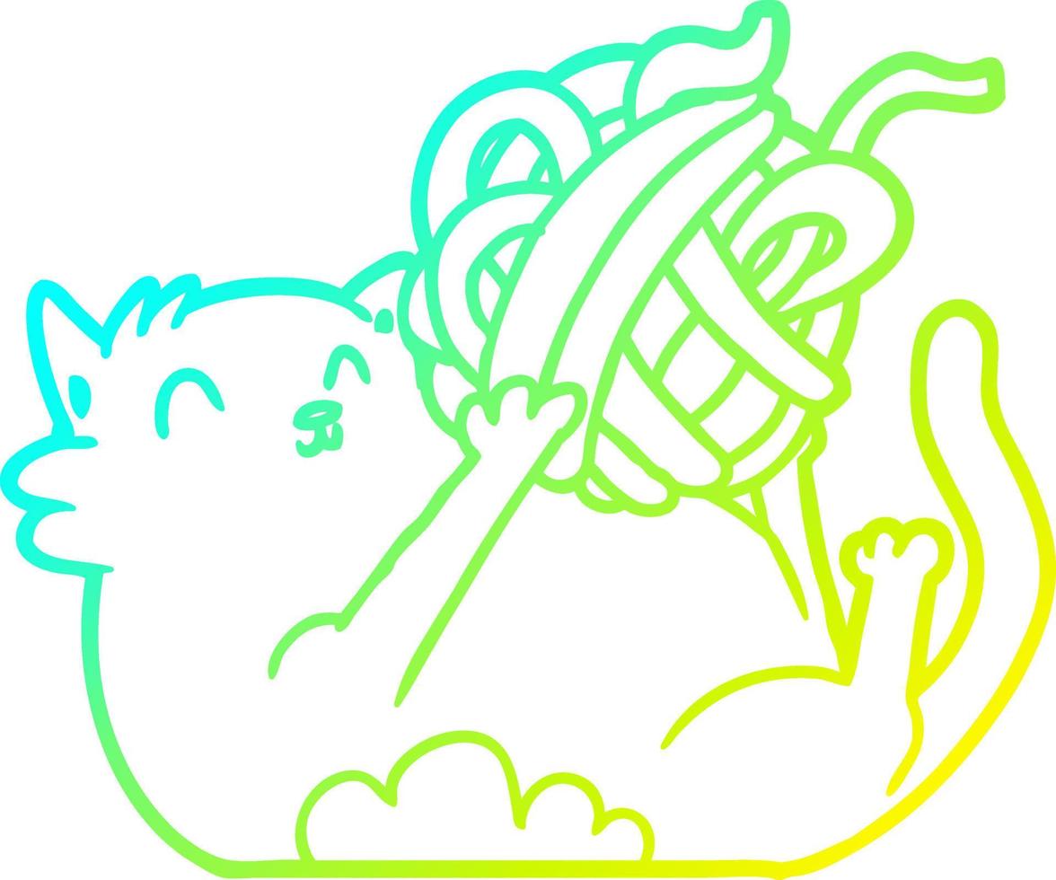 gato de desenho animado de desenho de linha de gradiente frio brincando com bola de barbante vetor