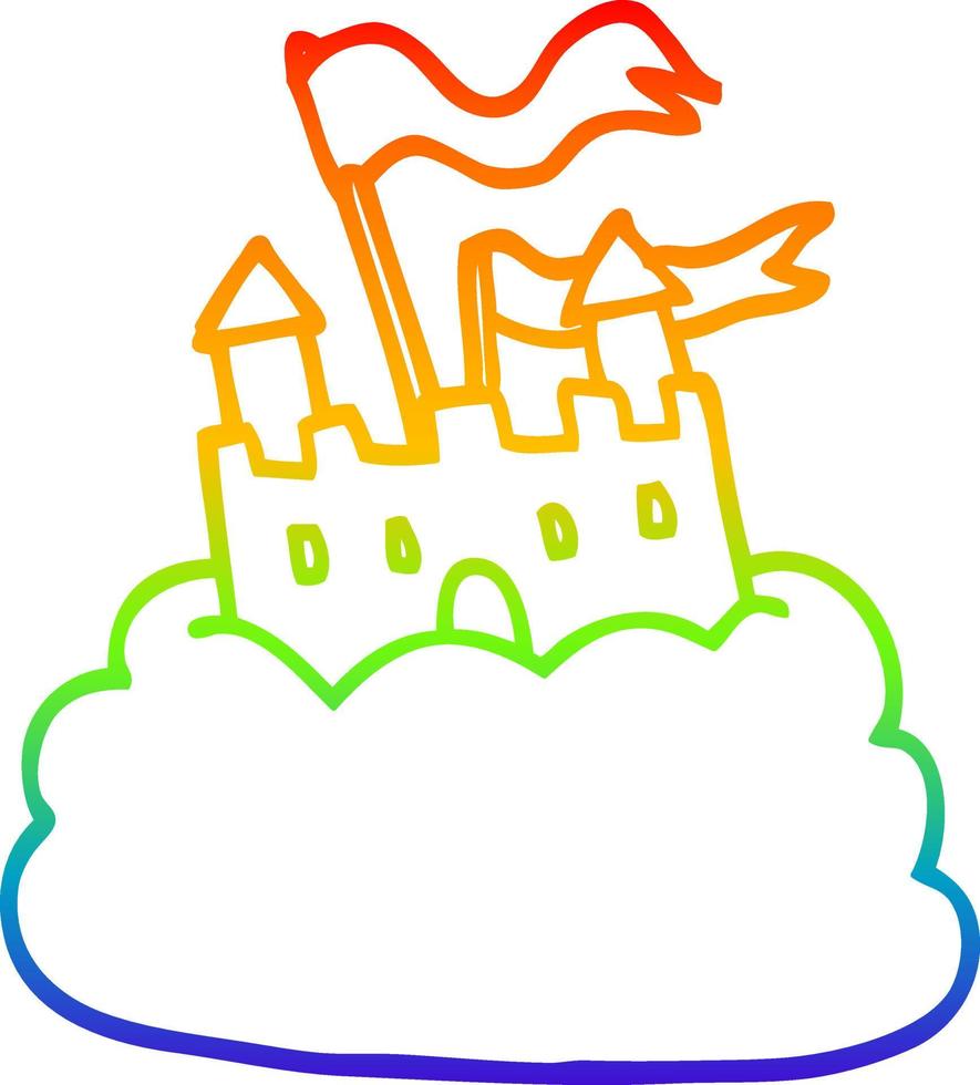 castelo de desenho de desenho de linha de gradiente de arco-íris na nuvem vetor