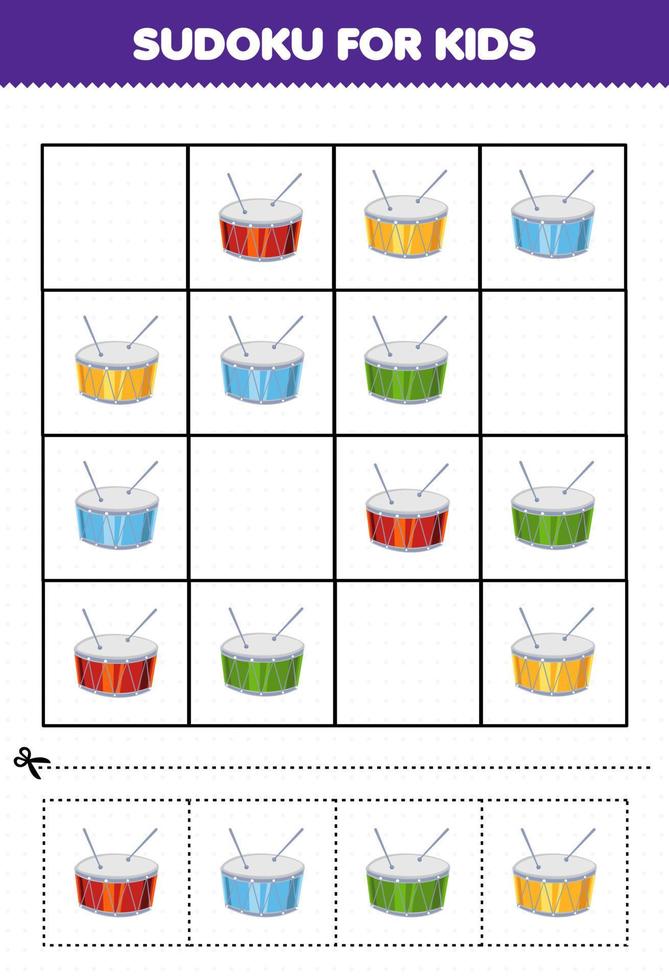 jogo de educação para crianças sudoku para crianças com planilha para impressão de imagem de tambor de instrumento de música de desenho animado vetor