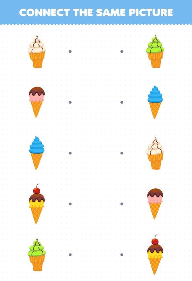 jogo de educação para crianças conectar a mesma imagem da planilha imprimível de sorvete de comida de desenho animado vetor