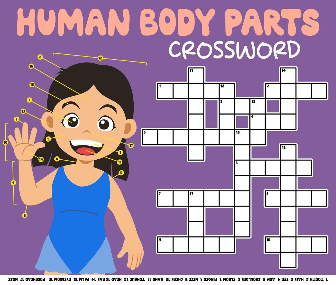 Palavras cruzadas de jogo de educação para aprender palavras em inglês com planilha para impressão de imagens de partes do corpo humano de menina bonita dos desenhos animados vetor