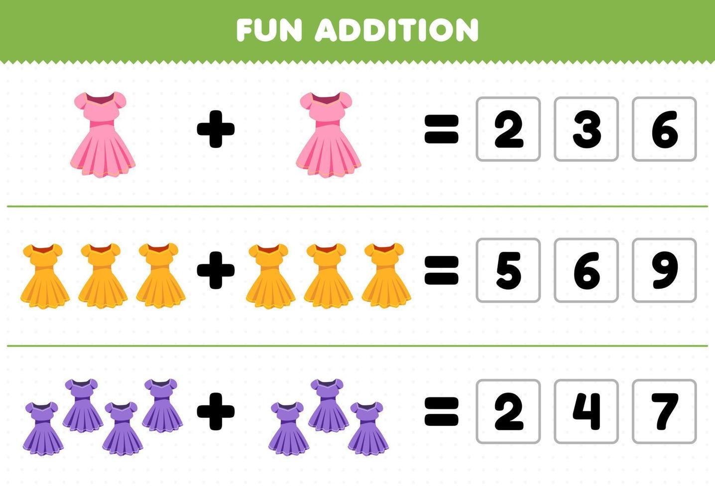 jogo de educação para crianças adição divertida por adivinhar o número correto de roupas vestíveis vestido planilha imprimível vetor