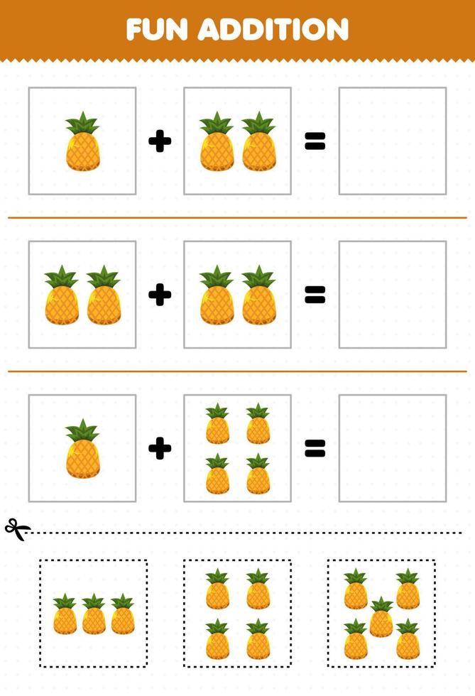 jogo de educação para crianças adição divertida por corte e combinação folha de desenho de fotos de abacaxi de frutas vetor