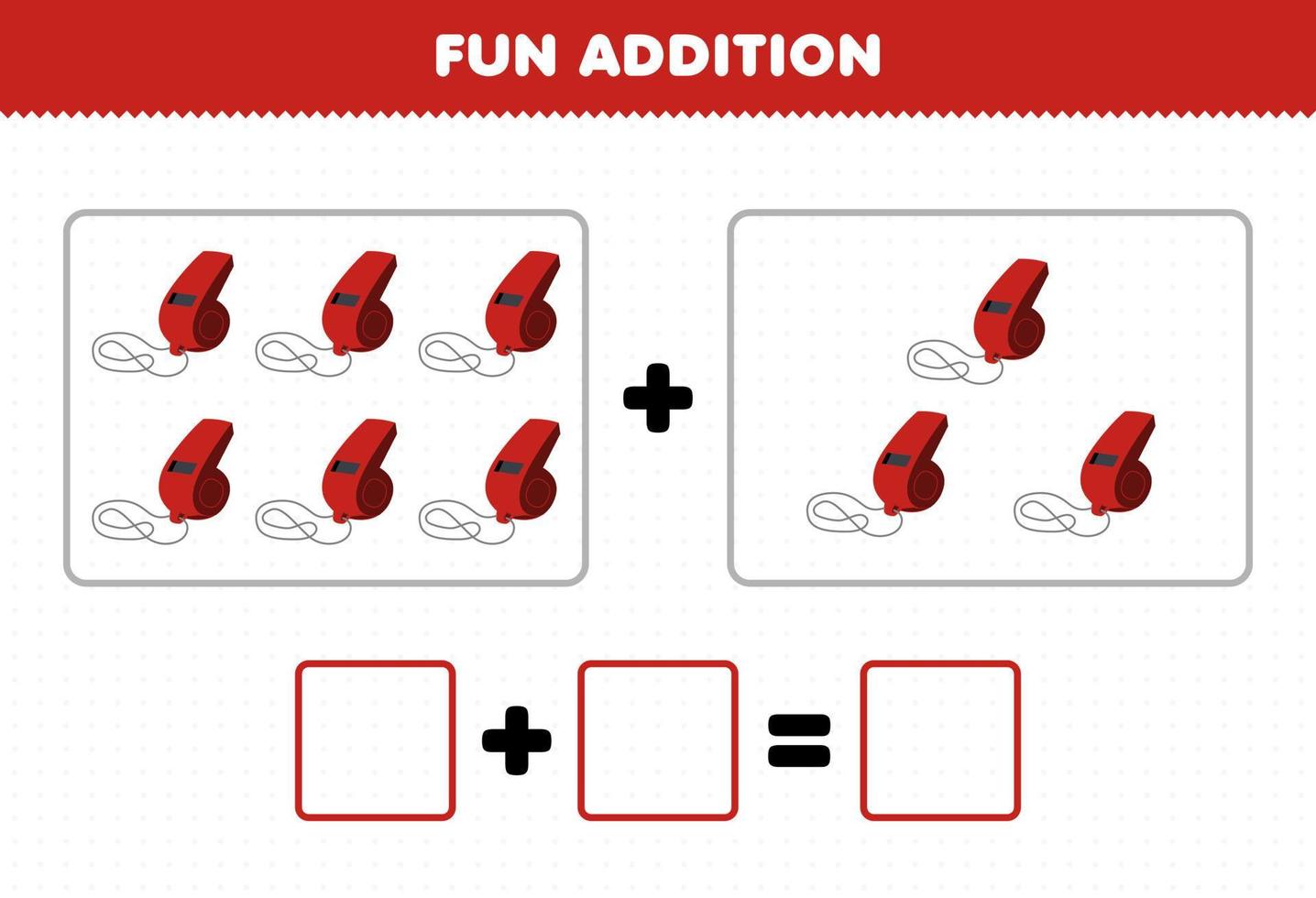 jogo de educação para crianças adição divertida contando planilha de imagens de apito de instrumento de música de desenho animado vetor