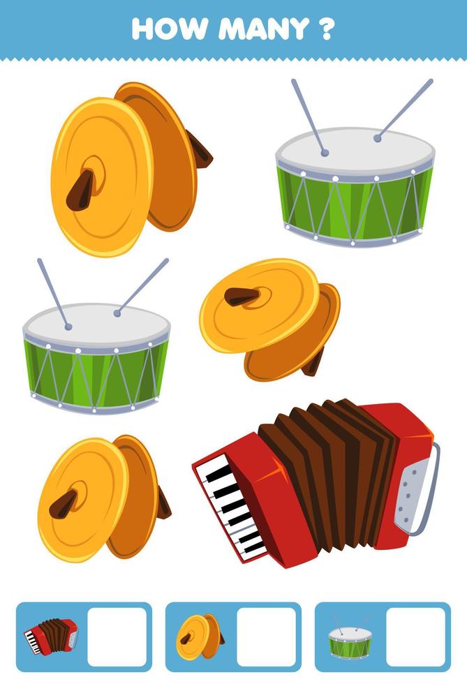 jogo de educação para crianças pesquisando e contando quantos objetos de desenho animado instrumento de música pratos tambor acordeão planilha imprimível vetor