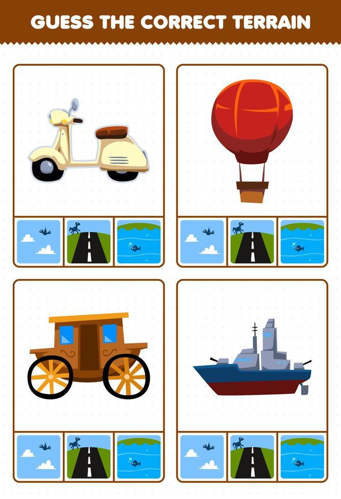 jogo de educação para crianças adivinhar o terreno correto ar terra ou água de desenho animado transporte scooter balão transporte navio de guerra planilha imprimível vetor