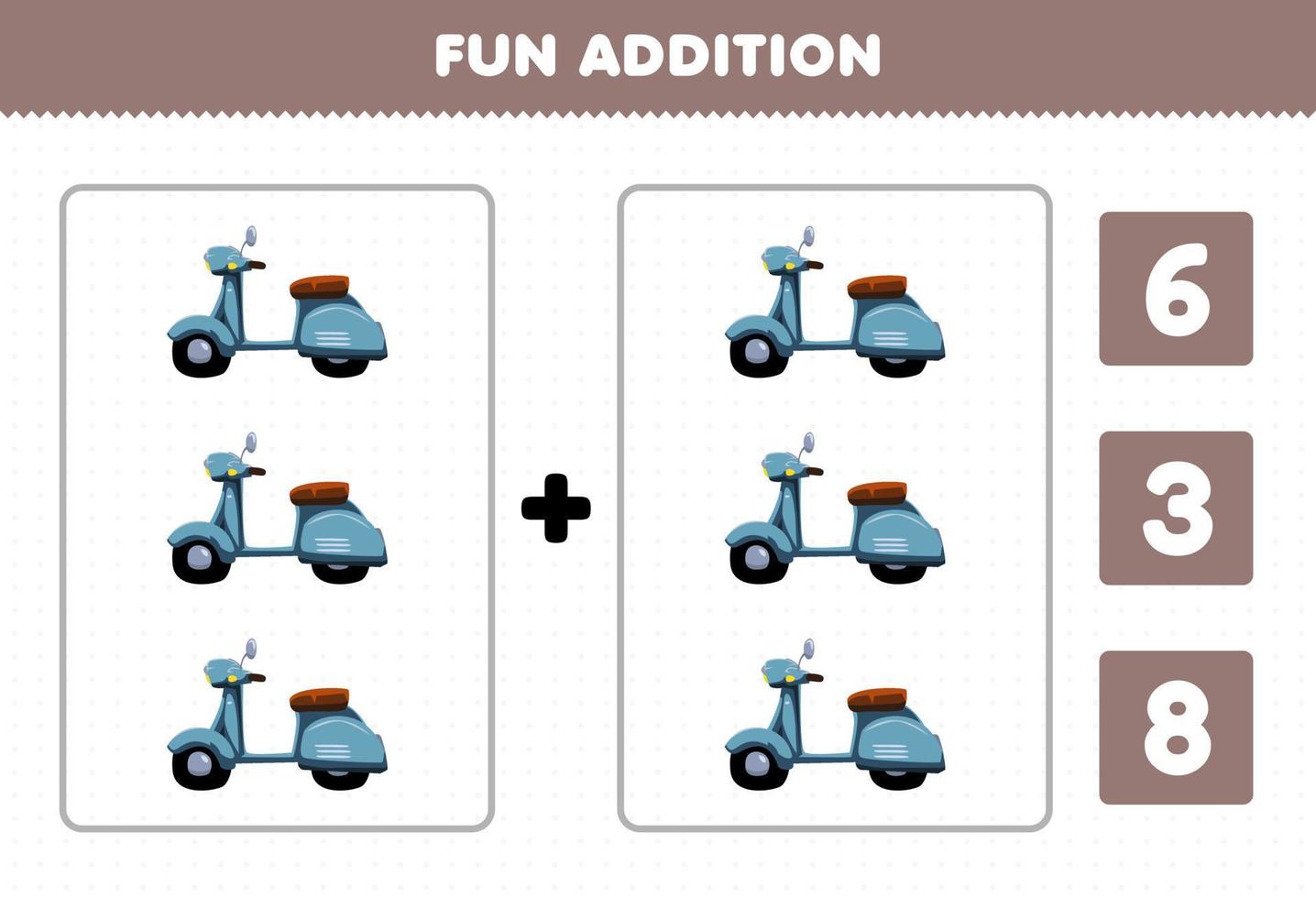 jogo educacional para crianças adição divertida por contagem e escolha a resposta correta da planilha imprimível de scooter de transporte de bicicleta de desenho animado vetor