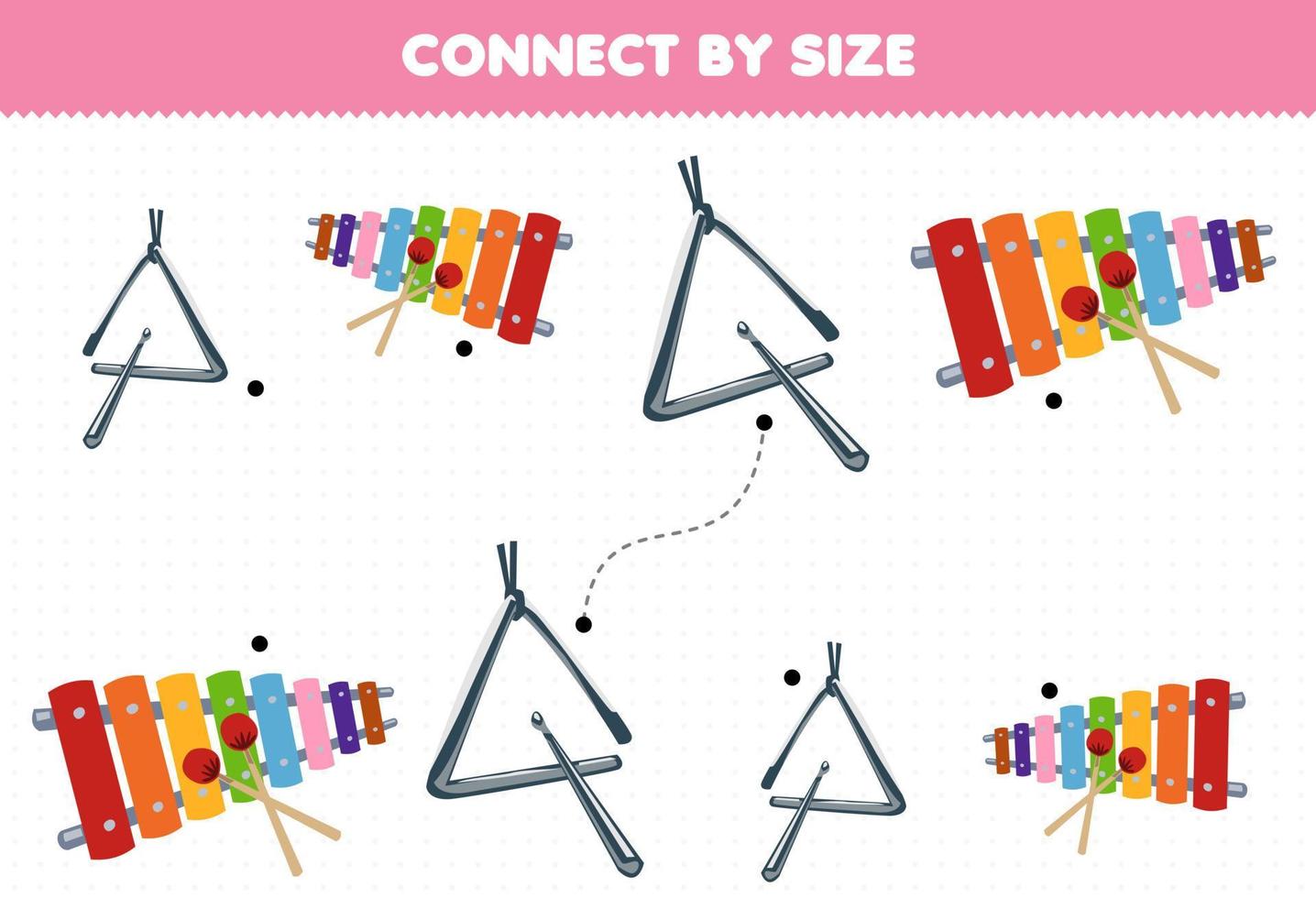 jogo educacional para crianças conectar pelo tamanho do triângulo do instrumento de música dos desenhos animados e planilha imprimível do xilofone vetor