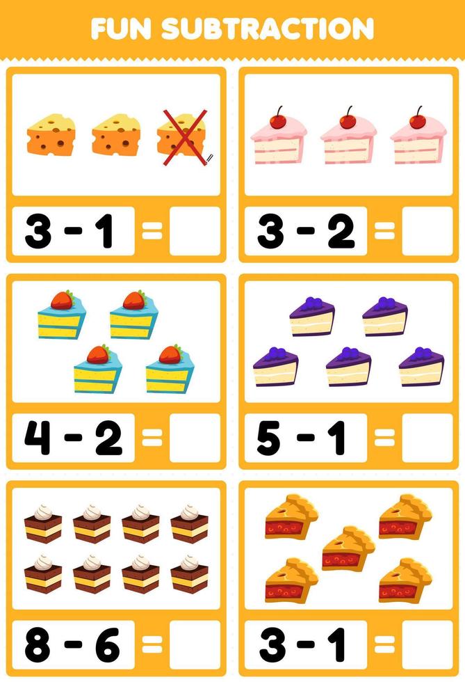 jogo educativo para crianças subtração divertida contando e eliminando planilha de torta de bolo de queijo de comida de desenho animado vetor
