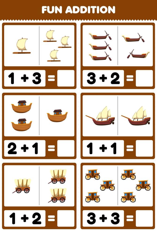 jogo de educação para crianças adição divertida contando e somando bonito desenho animado jangada de transporte de madeira gôndola arca xebec vagão fotos de carruagem planilha vetor