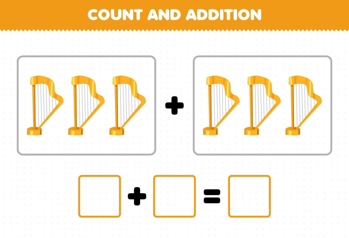 jogo de educação para crianças adição divertida contando a planilha de imagens de harpa de instrumento de música de desenho animado vetor