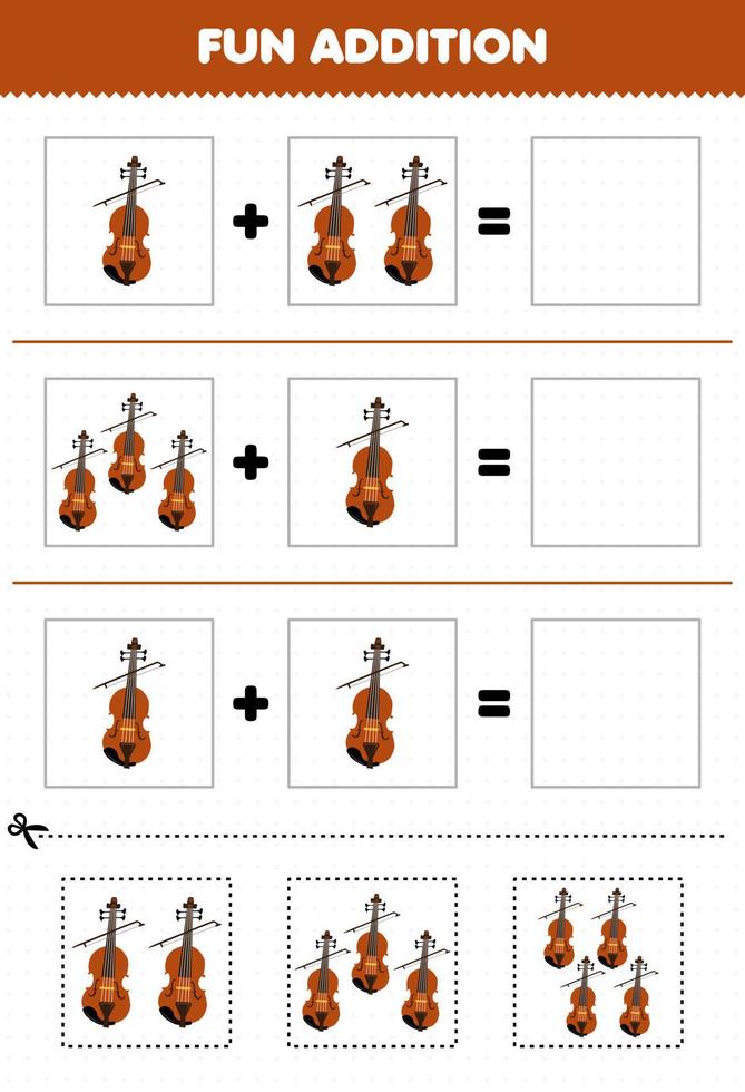 jogo de educação para crianças adição divertida por cortar e combinar instrumento de música dos desenhos animados planilha de imagens de violino vetor