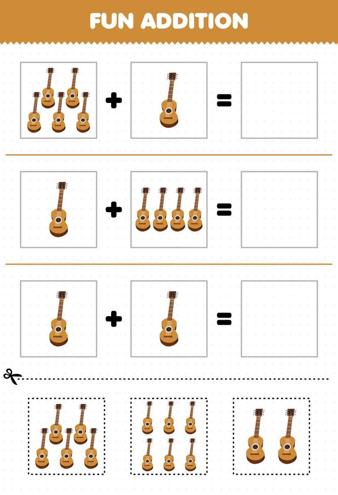 jogo de educação para crianças adição divertida por cortar e combinar instrumento de música de desenho animado planilha de imagens de guitarra vetor