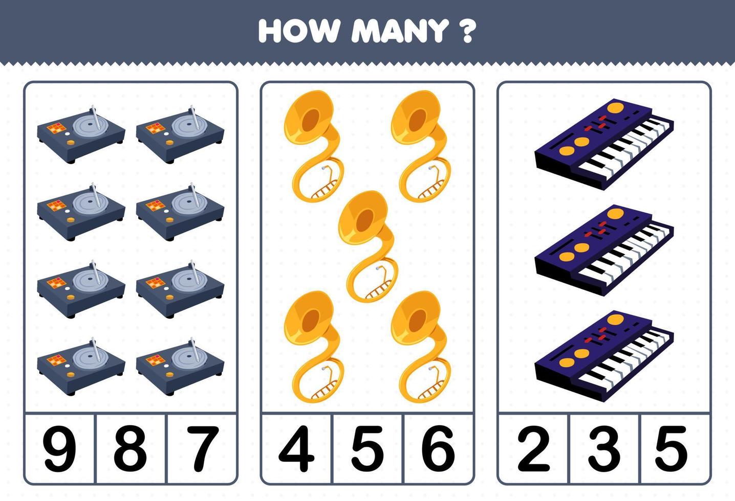 jogo de educação para crianças contando quantos instrumentos de música de desenho animado mesa giratória sintetizador de sousafone planilha imprimível vetor