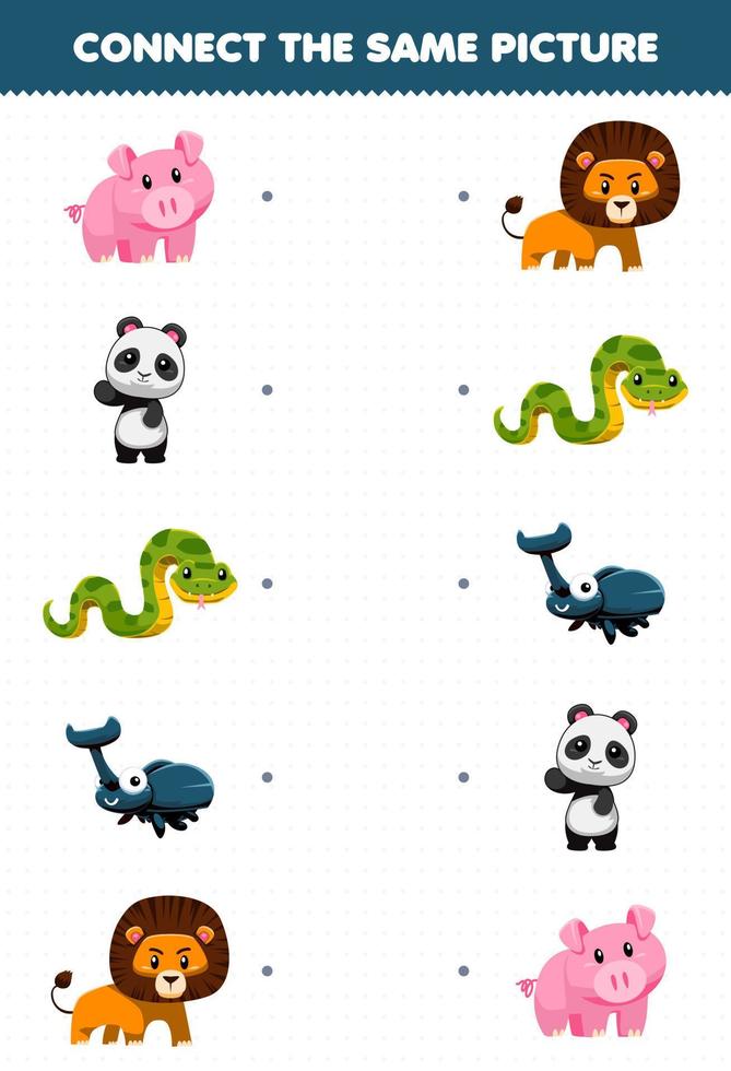 jogo de educação para crianças conectar a mesma imagem de desenho animado bonito animal porco panda cobra besouro leão planilha imprimível vetor