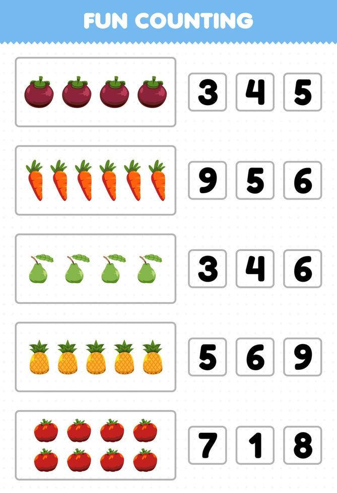 jogo educativo para crianças diversão contando e escolhendo o número correto de frutas e vegetais dos desenhos animados mangostão cenoura goiaba abacaxi tomate planilha imprimível vetor