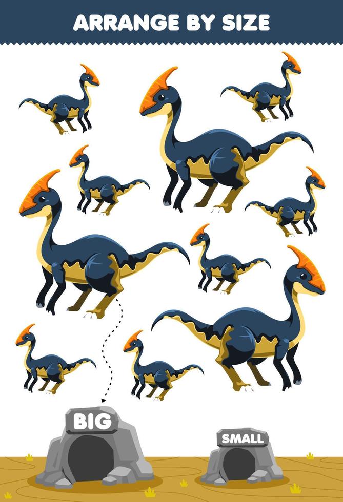 jogo de educação para crianças organizar por tamanho grande ou pequeno movê-lo na caverna bonito desenhos animados de dinossauros pré-históricos parasaurolophus fotos vetor