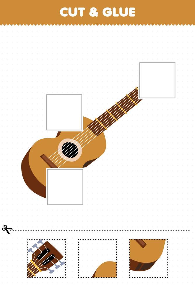 jogo educativo para crianças cortar e colar partes cortadas de guitarra de instrumento musical de desenho animado e colá-las planilha imprimível vetor