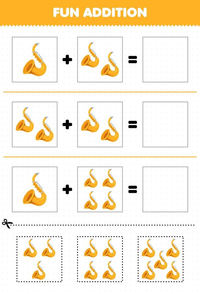 jogo de educação para crianças adição divertida por cortar e combinar instrumento de música de desenho animado planilha de imagens de saxofone vetor