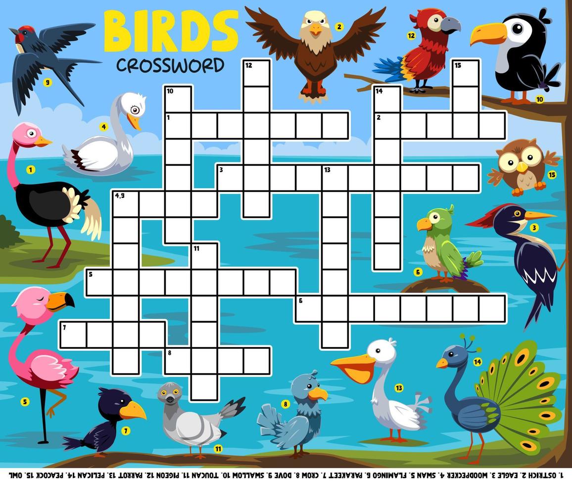 Palavras cruzadas de jogo de educação para aprender palavras em inglês com planilha imprimível de imagens de pássaros bonitos dos desenhos animados vetor